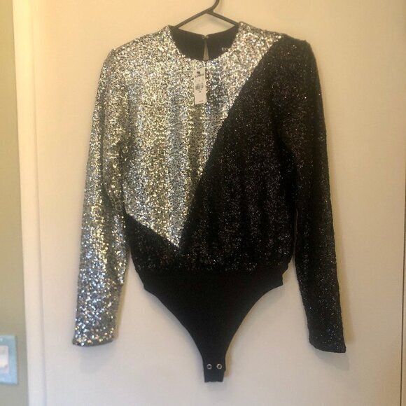 NWT Express Color Block Sequin Strong Shoulder Thong Bodysuit sz XXS - Picture 7 of 15